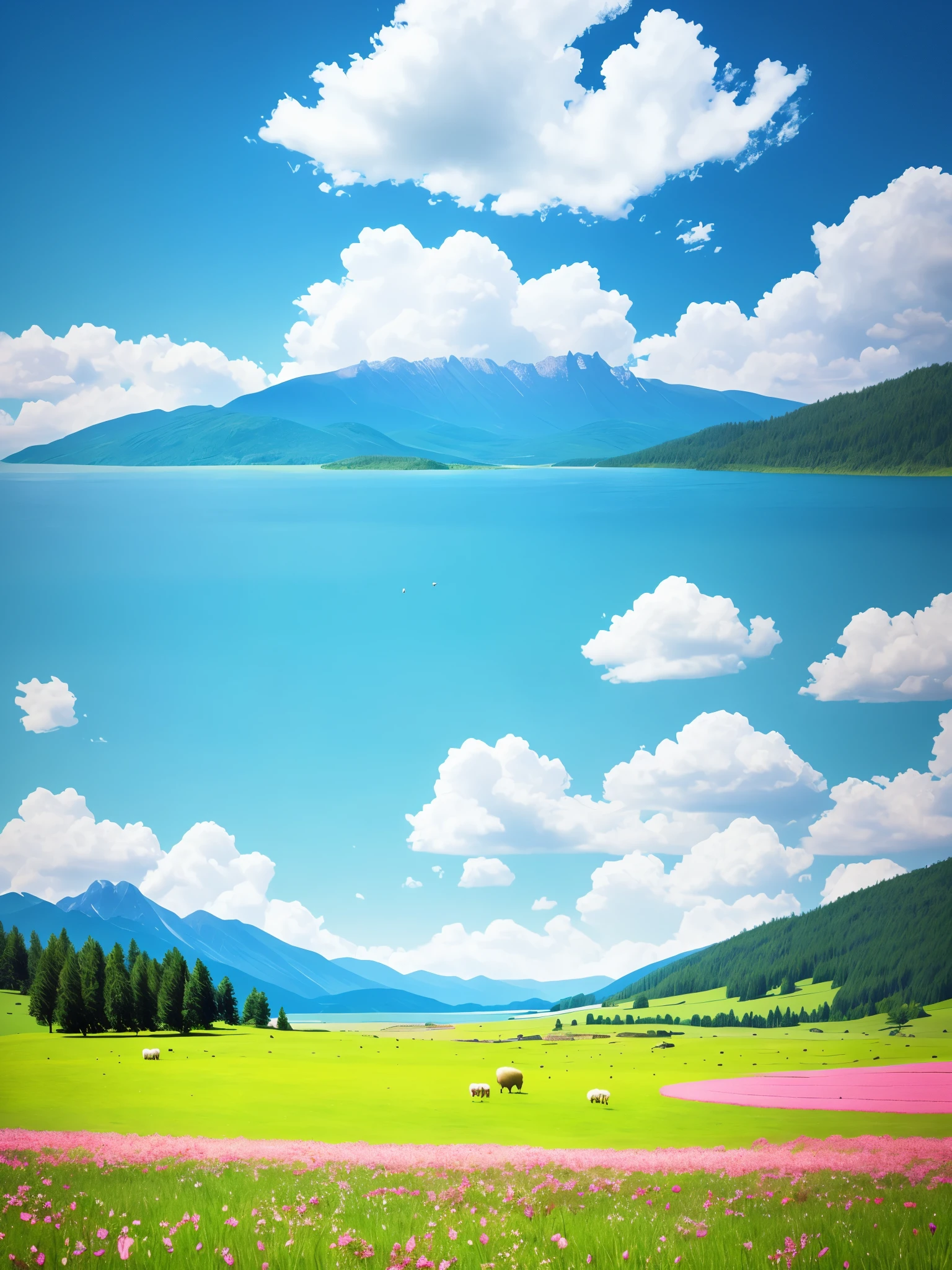 summer, Pasture, Some small flowers, Clear lake, sheep, heaven, Big Clouds, blue sky, Hot Weather, HD detailed, Hyper Detail, movie, Surrealism, Soft Light, Deep focus bokeh, The distant view is of a gentle mountain range., Ray Tracing, Surrealism. --v6