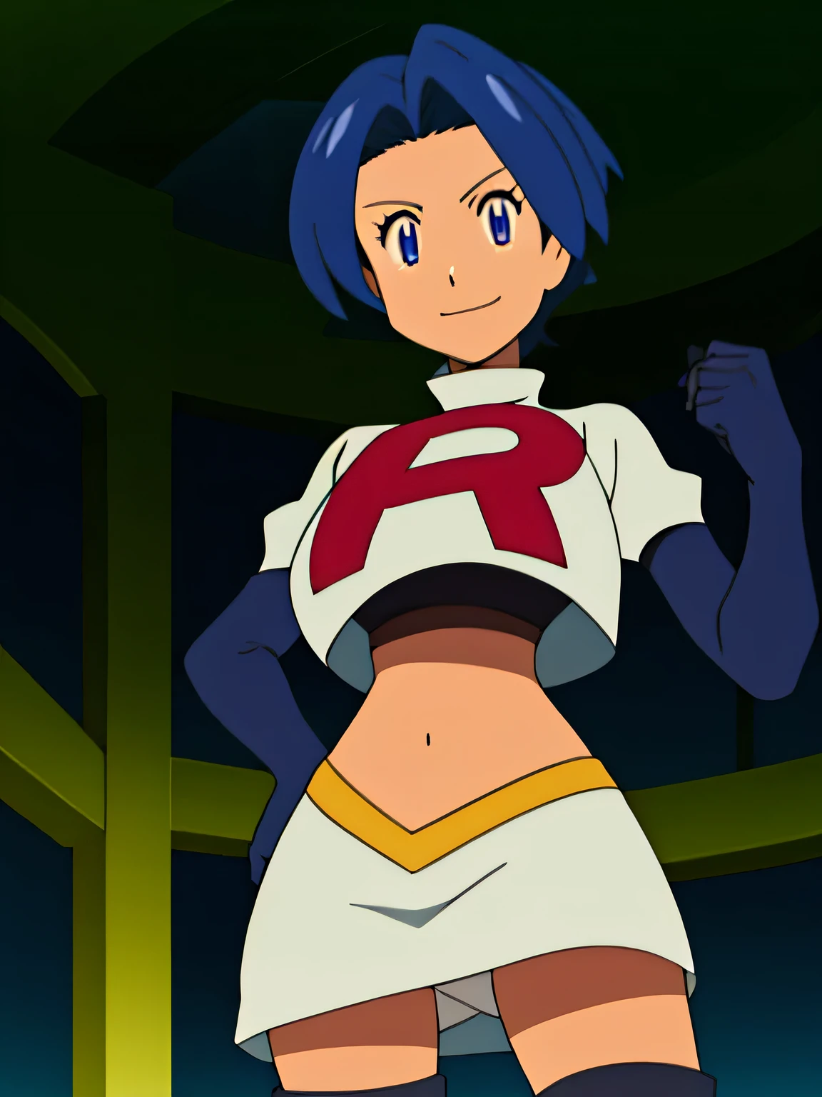 kloe rinz,very large breast,8k, masterpiece,highres,very large breast, team rocket uniform, red letter r, white skirt,white crop top,black thigh-high boots, black elbow gloves, seductive smile, looking down at viewer, hands on hips, cowboy shot, zettai ryouiki,from below, black panties,anime style, vivid colors, sharp focus, intense lighting,