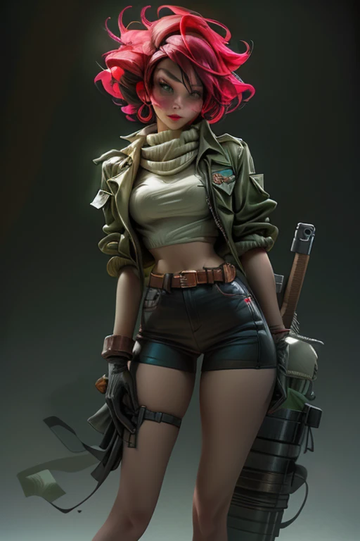 ((far-flung shot:1.6)), unreal engine:1.4, ultra realistic, photorealistic CG K:1.4, Skin texture:1.4, ((artwork ung woman full body:1.5)), ((red hair green eyes, full lips and a sensual smile:1.5)), punk style hairstyle with a shaved side, tattoos, Gatling gun, box, watch the viewer, dynamic pose, shots, ammo belt, gloves, big, gunfight, extremely detailed:1.4, more detailed, optical mix, playful patterns, animated texture, unique visual effect, rose leather miniskirt, rose jacket, masterpiece, background an abandoned place with scrap metal, ((colors, cyan, green, pink, brown: 1.2)), ((8k realistic digital art.)), 32K