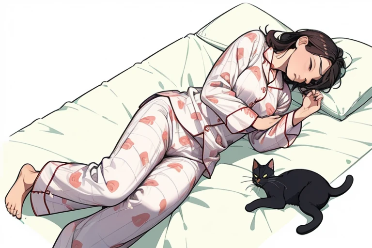 Woman sleeping in bed１people、(((woman is wearing pajamas)))、Sleeping cat１Animals、The cat is lying down、Anatomically accurate body depiction、(((A woman&#39;s body and a cat&#39;s body do not overlap))、{{masterpiece、highest quality、(((Realistic、Realistic:1.37)))、8K quality、Very delicate and beautiful、wonderful、Large file size、Very detailed、Very detailed、Cinema Lighting}}