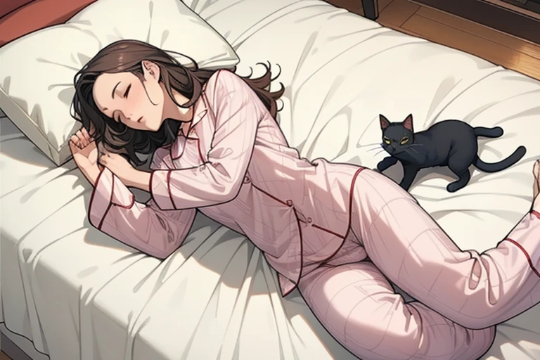 Woman sleeping in bed１people、(((woman is wearing pajamas)))、Sleeping cat１Animals、The cat is lying down、Anatomically accurate body depiction、(((A woman&#39;s body and a cat&#39;s body do not overlap))、{{masterpiece、highest quality、(((Realistic、Realistic:1.37)))、8K quality、Very delicate and beautiful、wonderful、Large file size、Very detailed、Very detailed、Cinema Lighting}}