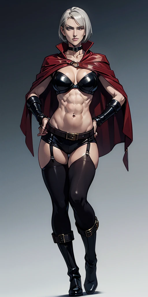 ((Plain background 1:2)) (Cammy White Street Fighter white silver short bob haircut) Female full body standing straight symmetrical looking to the viewer RED full body armored (handcuffs, shackles, rerebrace, faulds, poleyn, gauntlets, leather collar choker, gloves, gauntlets, high boots bootstraps, black stockings) 2 crossing big belt under belly button, navel, abs, garter straps belts attaching bra ((hands on hips)) view from below, wide hips - choppy bangs, arched crescent eyebrows, sharp and determined eyes, a delicate oval face, a serious expression, a fantasy-style dark green military coat, draped with a dark red cloak, leather combat boots, silver greaves leggings, this character embodies a finely crafted fantasy style female military officer in anime style, exquisite and mature manga art style, pale skin, big breast knockers cleavage,