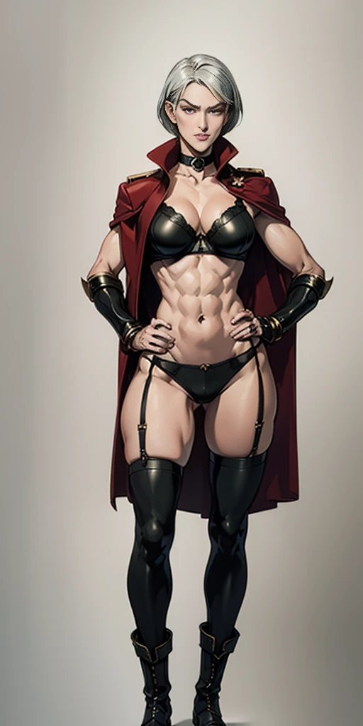((Plain background 1:2)) (Cammy White Street Fighter white silver short bob haircut) Female full body standing straight symmetrical looking to the viewer RED full body armored (handcuffs, shackles, rerebrace, faulds, poleyn, gauntlets, leather collar choker, gloves, gauntlets, high boots bootstraps, black stockings) 2 crossing big belt under belly button, navel, abs, garter straps belts attaching bra ((hands on hips)) view from below, wide hips - choppy bangs, arched crescent eyebrows, sharp and determined eyes, a delicate oval face, a serious expression, a fantasy-style dark green military coat, draped with a dark red cloak, leather combat boots, silver greaves leggings, this character embodies a finely crafted fantasy style female military officer in anime style, exquisite and mature manga art style, pale skin, big breast knockers cleavage,