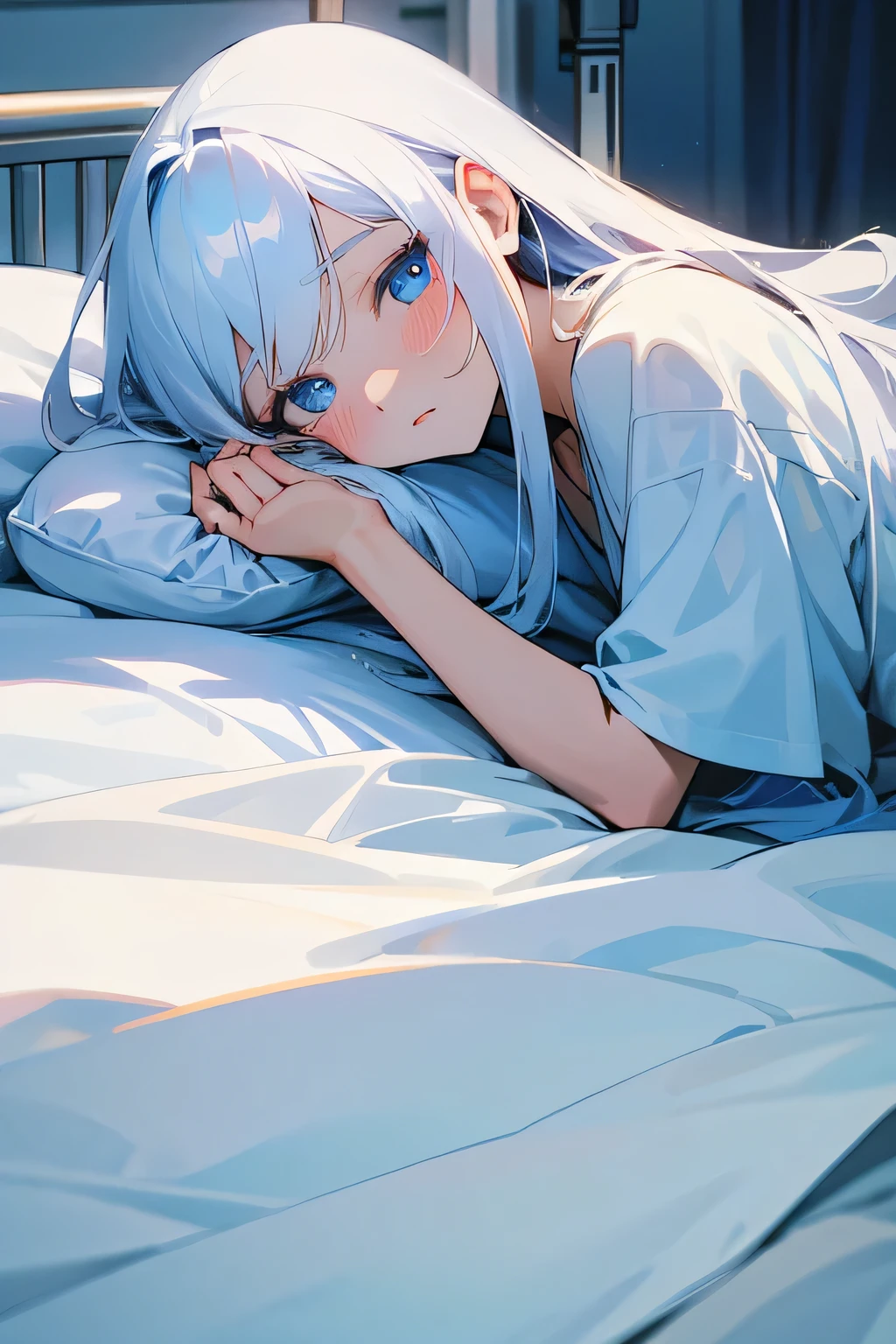 White long hair,Blue pupils,Fair skin,Very gentle,Wearing a blue-and-white hospital gown,Paled face,Lying on the bed,He was covered with a white quilt