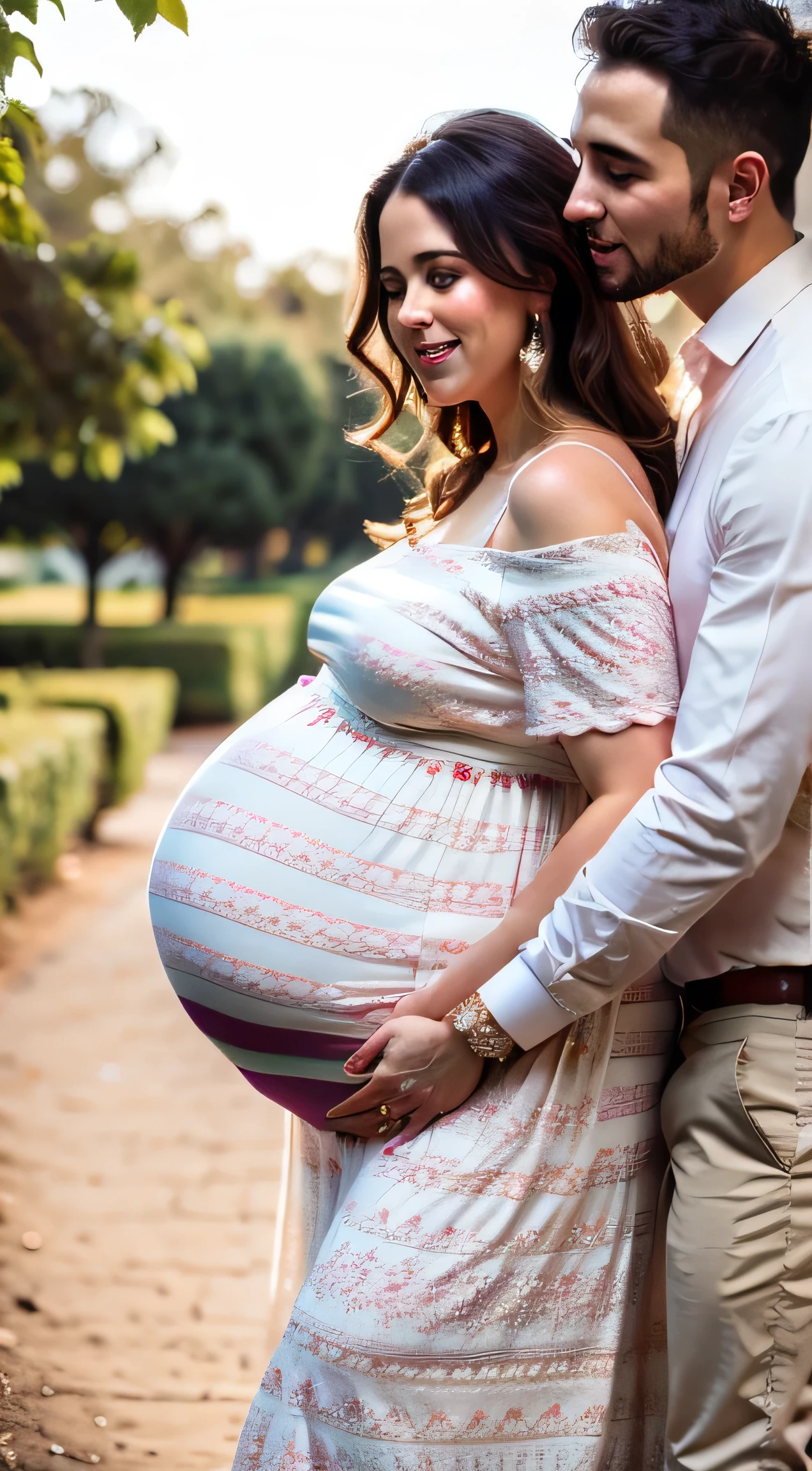 Pregnant woman, very huge pregnant belly, wearing a maternity dress, is devotedly kissing a handsome man