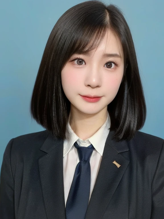 (kawaii 24 year-old Japanese girl, Nogizaka idol, Korean idol), (glossy black hair, short bob, even and symmetric hair design:1.3), (deep black eyes, rounded face, single eyelid, no makeup, serious expression:1.2), (wearing suit jacket, collared shirt, necktie:1.3), (extra small breasts:0.9), (facing straight at camera:1.2), BREAK, (simple blue background, yearbook background:1.3), (portrait, id photo, bust shot, view from straight forward:1.3), (keep enough top margin to avoid the head cropped:1.3), BREAK, (masterpiece, best quality, photo realistic, official art:1.4), (UHD, 8K quality wallpaper, high resolution, raw photo, golden ratio:1.3), (shiny skin), professional lighting, physically based rendering, award winning, (highly detailed skin, extremely detailed face and eyes), Carl Zeiss 85 mm F/1.4, depth of field, 1girl, solo,