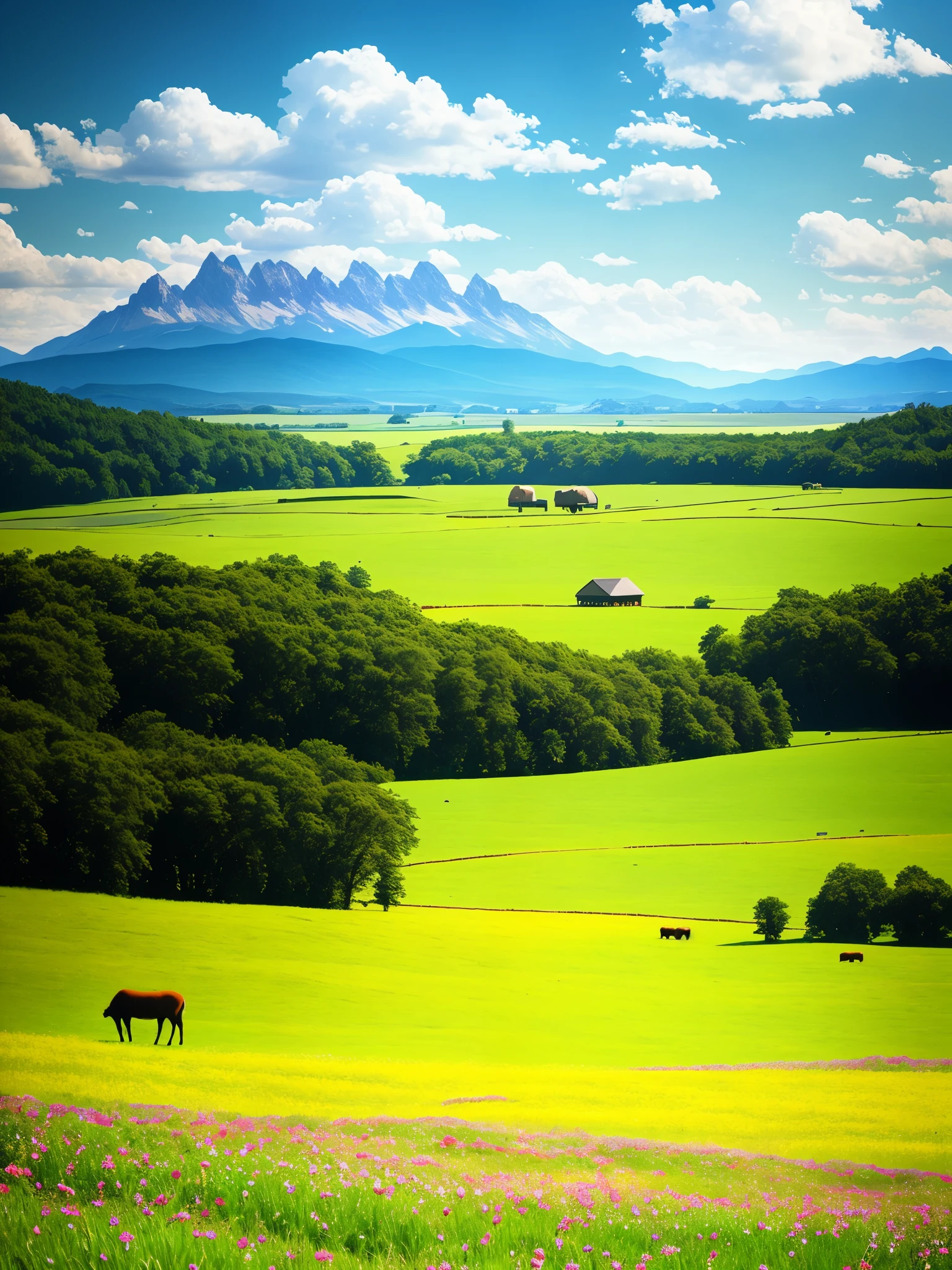 summer, Pasture, Some small flowers, Clear lake, sheep, heaven, Big Clouds, blue sky, Hot Weather, HD detailed, Hyper Detail, movie, Surrealism, Soft Light, Deep focus bokeh, The distant view is of a gentle mountain range., Ray Tracing, Surrealism. --v6