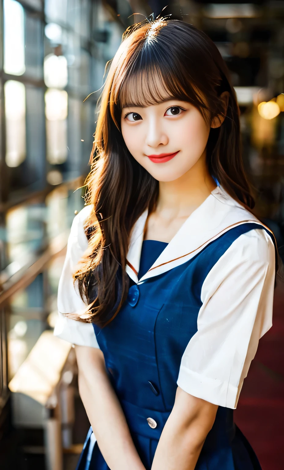 Ulzzang-6500-v1.1, (RAW Photos:1.2), (Realistic:1.4), Beautiful detailed girl, Very detailed eyes and face, Beautiful fine details, Beautiful legs、Ridiculous, Incredibly Ridiculous, Large file size, Super detailed, High resolution, Very detailed, highest quality, masterpiece, Kemomimi,(Overall image、)(Sailor suit、High School Uniform)(Beautiful Face、Blue Hair、Double Eyes)、Beautiful 、whole body、Beautiful legs、Are standing、, Face Light, Cinema Lighting, 1 girl, (smile), (Seductive poses))), (Inside the room)