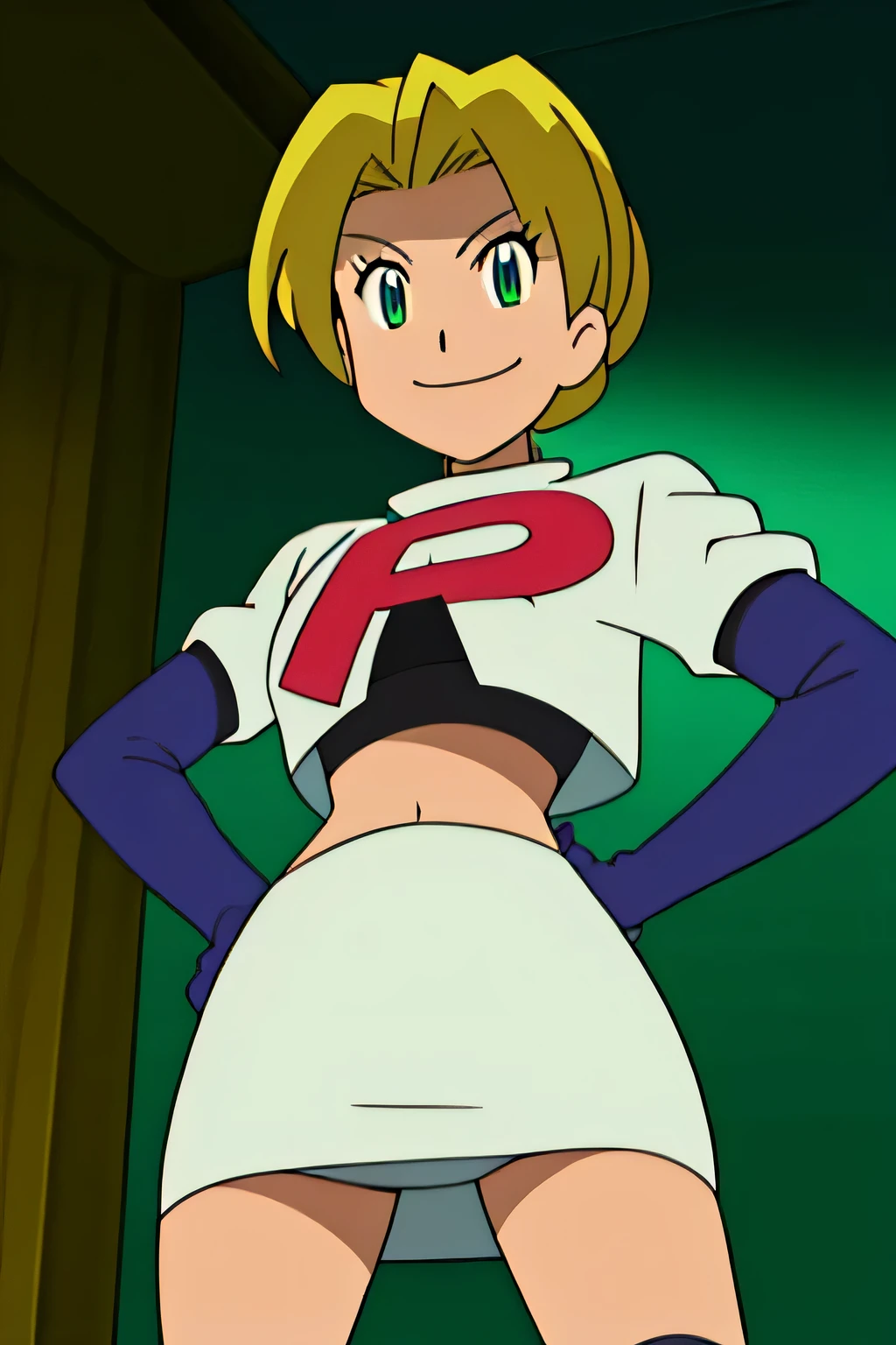 8k, masterpiece,highres, team rocket uniform, red letter r, white skirt,white crop top,black thigh-high boots, black elbow gloves, smiling, looking down at viewer, hands on hips, cowboy shot, zettai ryouiki,anime style, vivid colors, sharp focus, intense lighting,mayor maybelle,trails in the sky