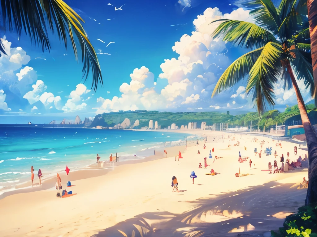(highest quality:1.5), (masterpiece:1.5), background, crowd, beach, noon, summer,