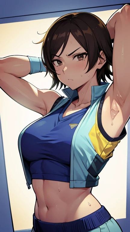 a close up of a person wearing a basketball uniform, a picture, inspired by Kentaro Miura, trending on pixiv, Asuka kazama, Tekke, wearing yellow nba jersey, yellow croptop nba jersey, wearing a low cut croptop, wearing croptop, croptop, written "Lakers" on the croptop, golden raito, (winking), shirobako, large)}], favorite scene, fine details. anime. skins, sweating, big breasts, both hands raised, armpits, armpits visible, dripping with sweat, more more sweat, sweaty armpits