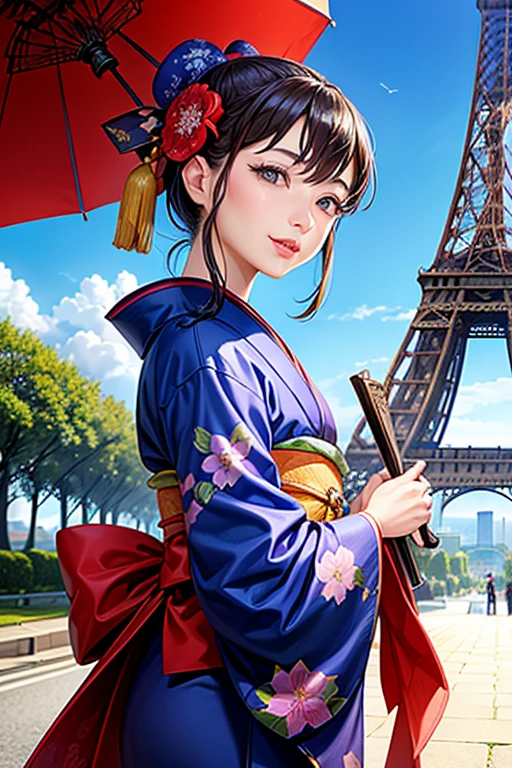 ((highest quality))、(masterpiece)、(detailed)、Perfect Face、'((A woman wearing a kimono))、Age 35、Inspired by that?、((Parisの街角))、(((Eiffel Tower、Paris、blue sky)))