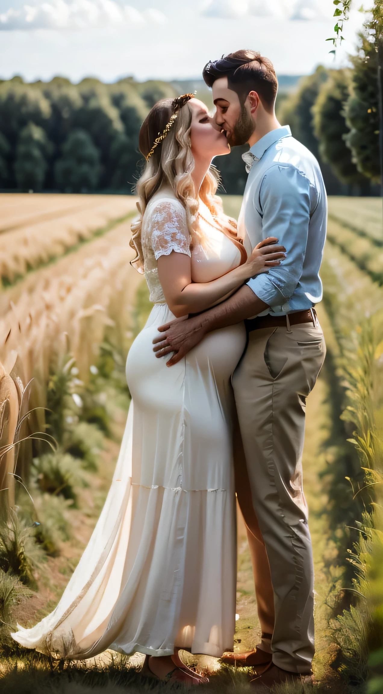 Pregnant woman in a wheat field, wearing a maternity dress, kissing a handsome man