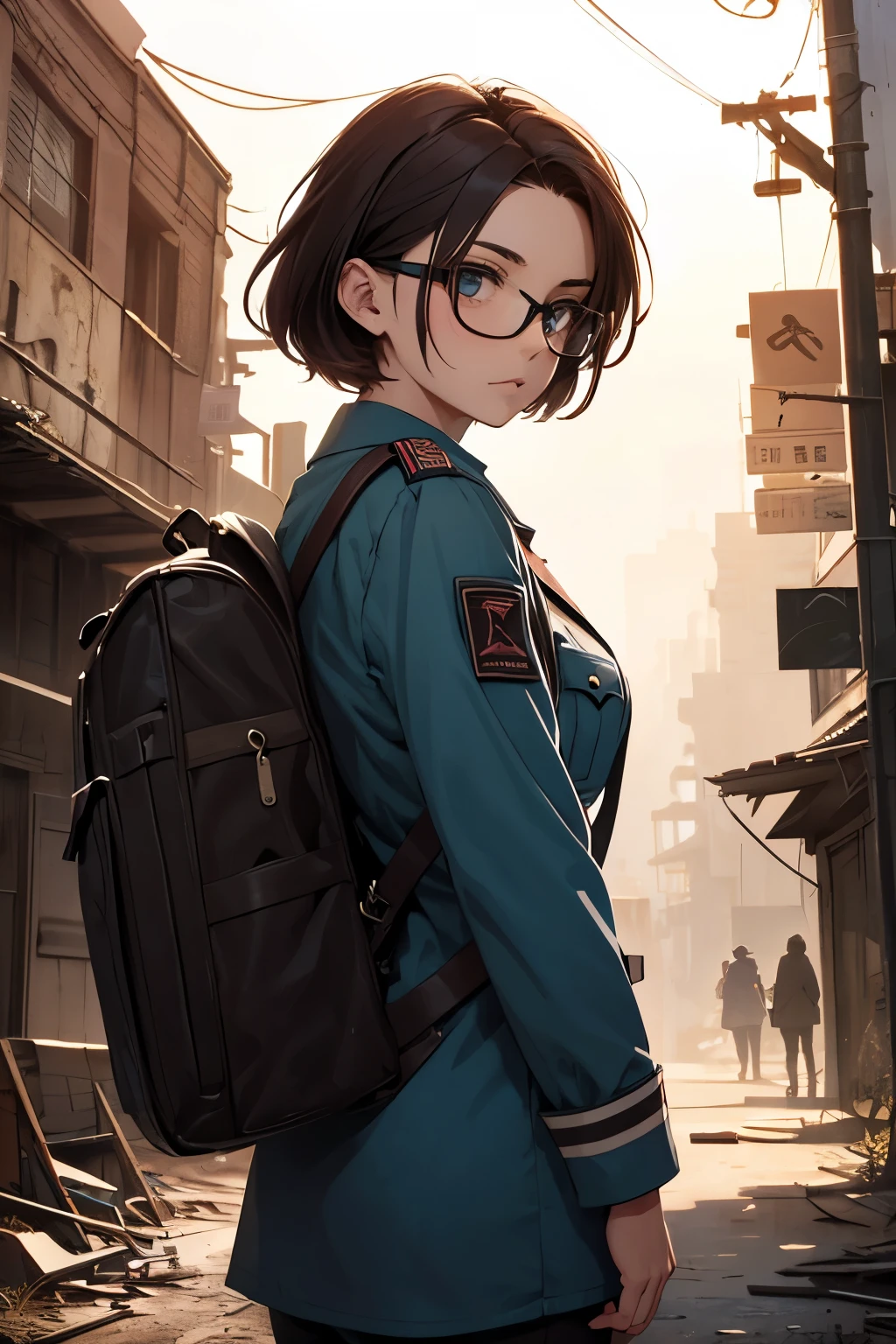Wide angle, a pretty girl messenger, wearing large glasses, undercut hair, wearing postal uniform, in a post-apocalyptic world