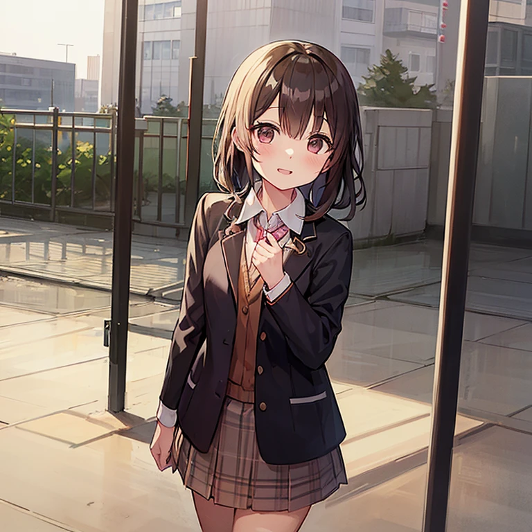 ((masutepiece, Best Quality, hight resolution, nffsw, Perfect Pixel, 4K, nffsw, nffsw))), 1girl in, Single, Solo, Beautie、full body seen、 ((Middle Wave Hair, Bangs, Brown hair)), ((Brown-eyed, Beautiful eyelashes, Realistic eyes)), ((Detailed face, Blushing:1.2)), ((Smooth texture:0.75, Realistic texture:0.65, Photorealistic:1.1, Anime CG style)), medium breasts, Dynamic Angle, Perfect body, ((red bowtie, School uniform, Black jacket, Open jacket, Brown cardigan, White shirt, Black skirt, plaid skirts)), City staircase、Looking up from the bottom of the stairs、Very embarrassing panic smile, turned around、bending forward、(The wind flipped my skirt and exposed my butt........................、Touching the buttocks with both hands、Pink floral lace panties)、