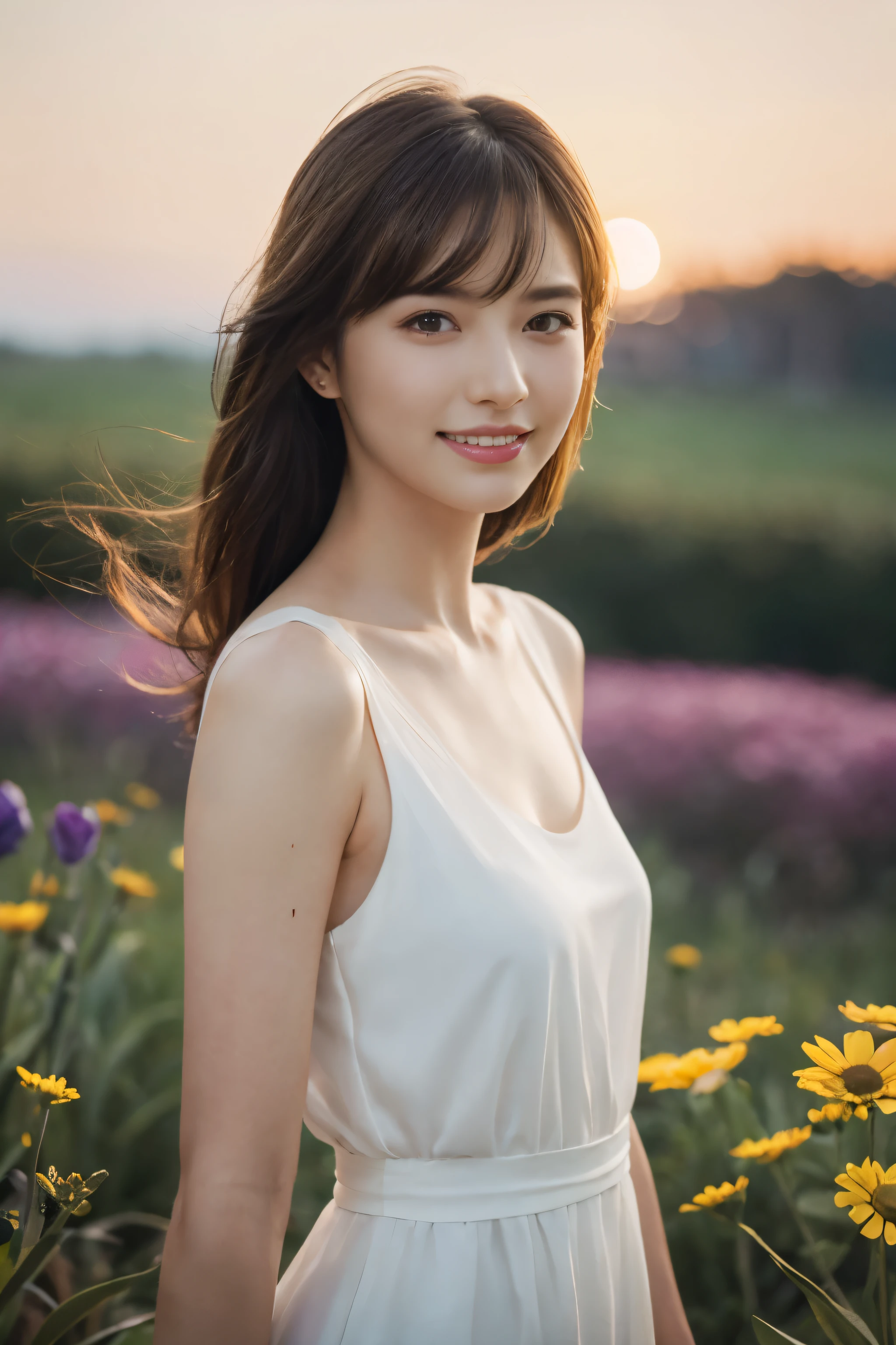 ((On the table:1.4, best quality)), (Realistic pictures:1.4),
((1 girl)), (Pure actress), (Like a dream),
(超high resolution:1.2), Very delicate and beautiful, wonderful, Highly detailed CG Unity 8k wallpaper, Ultra Detailed, high resolution,
Soft Light, Beautiful and meticulous girl, Very detailed eyes and face, Beautifully detailed nose, Beautiful and delicate eyes,
(Wear a light white dress:1.3),
Movie Lighting, Perfect anatomical structure, slim body, (Parted bangs),
(girl standing on the grass at night:1.3), (Night view:1.3), (一面のflower々), (おびただしい数のflower々), (outdoor), (flower々Light up part), (Chiaroscuro), (dreamy beauty),
Cowboy shooting, Looking at the audience, Smile