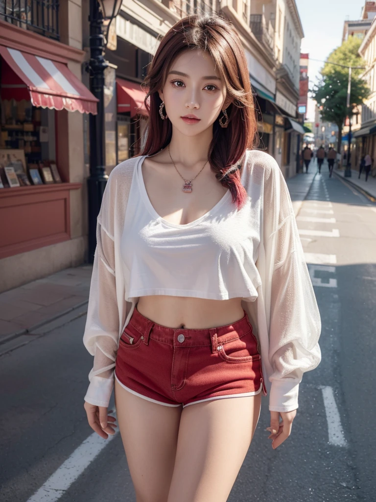 1 girl, colorful hair,((shirt、Red shorts)), (Extremely exquisite and beautiful), dream light, (8k, original photo, best quality, masterpiece: 1.2), (Practical, Photo fidelity: 1.3), Ultrafine, (Crystal texture skin: 1.2), Wearing earrings,With necklace, (plump breasts),HD,超HD,(original photo), 8k,(realism), (masterpiece), (best quality), high resolution, 8k, (Intricate details), (Lots of light),Very white skin,street,Street Corner