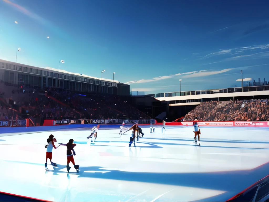(highest quality:1.5), (masterpiece:1.5), background, narrow skating rink, crowd, outdoor