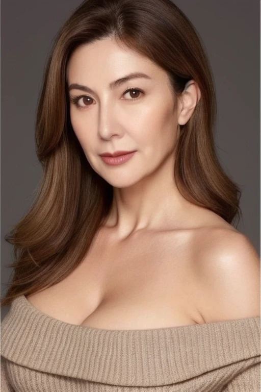 Ultra-high resolution, masterpiece, highest quality, perfect glowing skin, Perfect lighting, Detailed lighting, Muscular Japanese middle-aged woman, 55 years old、, Beige lightweight knit, Looking at the camera, Off the shoulder, Brown wavy hair with highlights、Big Breasts, Large exposed cleavage, Black double eyelids, Browsing Caution, ((Dark Background)), Sexy Face, Facial expressions when feeling happy,whole body、Loose skin
