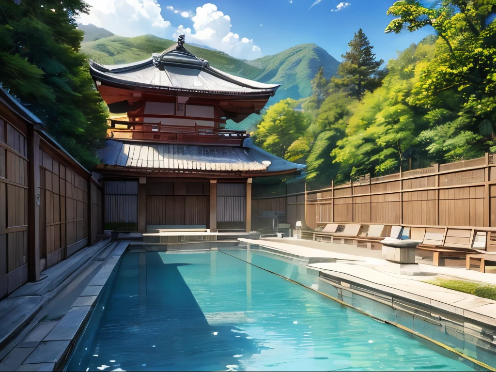 (highest quality:1.5), (masterpiece:1.5), background, japanese public bath, outside