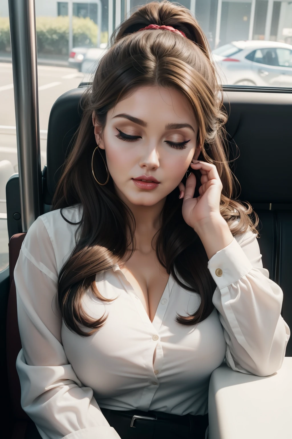 1 beautiful woman, big body, chubby woman, red lips, woman over 40, closed eyes, brown wavy hair, ponytail, heavily made-up eyelids, eyelids outlined with makeup, eyelids painted with eyeshadow, white shirt with low neckline large, formal black pants, black jacket over shirt, large black handbag, asleep with her mouth open, asleep lying on the bus seat, head resting on the seat nodding, Lucy Pinder, ((ADele)), face portrait.