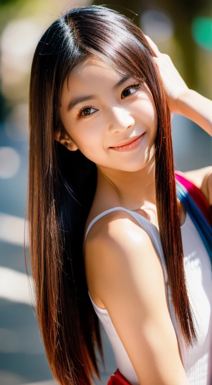 (highest quality, 32k, Hmph:1.2),(A refreshing smile:1.5),(Look at the viewers:1.1）,（Hide your hands:2.0）,(cute and beautiful Japanese）,（Straight Hair, Long Hair, Thin Hair:1.2), （ High neck sleeveless , Tight Skirt:1.5), （High heels;1.3), Detailed clothing, (Perfect female body), (Tight waist:1.05), (Bust-up portrait:1.3), ,(Encircling the head), Hair blowing in the wind, Dynamic pose, Cinematic Light, 135mm, Fujifilm,