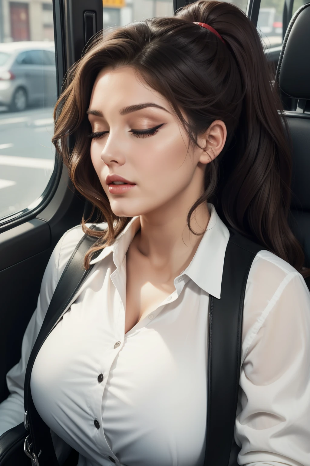 1 beautiful woman, big body, chubby woman, red lips, woman over 40, closed eyes, brown wavy hair, ponytail, heavily made-up eyelids, eyelids outlined with makeup, eyelids painted with eyeshadow, white shirt with low neckline large, formal black pants, black jacket over shirt, large black handbag, asleep with her mouth open, asleep lying on the bus seat, head resting on the seat nodding, Lucy Pinder, ((ADele)), face portrait.