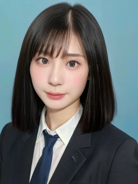 (kawaii 24 year-old Japanese girl, Nogizaka idol, Korean idol), (glossy black hair, short bob, even and symmetric hair design:1.3), (deep black eyes, rounded face, single eyelid, no makeup, serious expression:1.2), (wearing suit jacket, collared shirt, necktie:1.3), (extra small breasts:0.9), (facing straight at camera:1.2), BREAK, (simple blue background, yearbook background:1.3), (portrait, id photo, bust shot, view from straight forward:1.3), (keep enough top margin to avoid the head cropped:1.3), BREAK, (masterpiece, best quality, photo realistic, official art:1.4), (UHD, 8K quality wallpaper, high resolution, raw photo, golden ratio:1.3), (shiny skin), professional lighting, physically based rendering, award winning, (highly detailed skin, extremely detailed face and eyes), Carl Zeiss 85 mm F/1.4, depth of field, 1girl, solo,