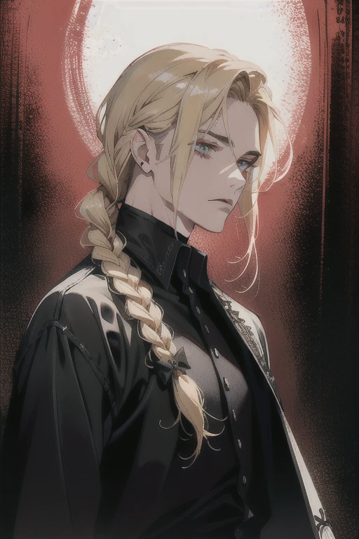 (absurdos, high resolution, ultra detalhado), 1 homem, adulto, bonito, cara alto e musculoso, ombros largos, olhos finamente detalhados e rosto detalhado, Blonde hair with long braid, olhos vermelhos, bonito, Terno, Fantasia, Uniforme, real, Gothic, vampiro, flores desabrochando flores desabrochando, rosas vermelhas, luz solar, Fantastic light and shadow, scenario, retrato, presas de vampiro, boca aberta, sensual, Atraente, oferecendo uma rosa vermelha