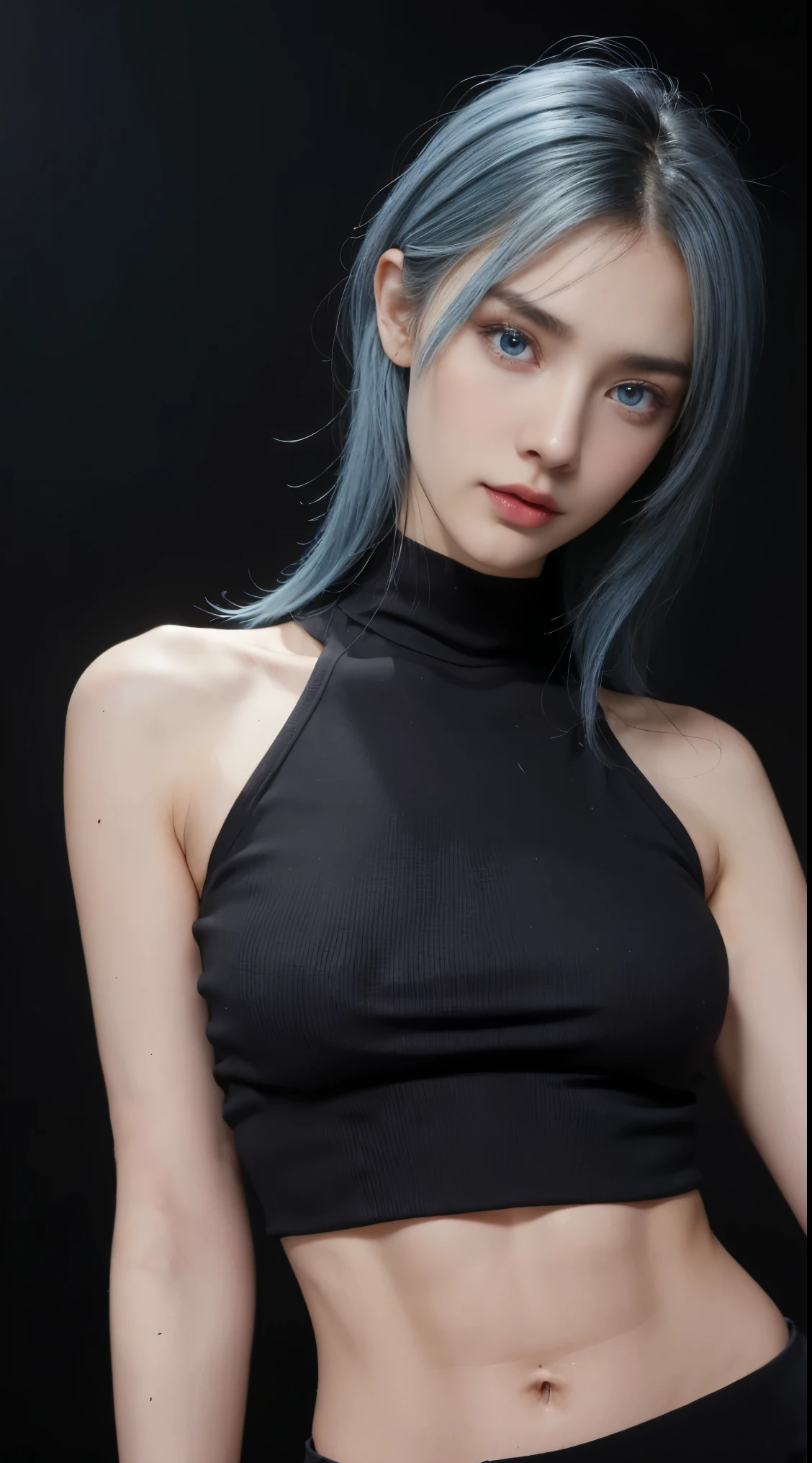 8K, Top Quality, Intricate Details, Ultra Detail, Ultra High Resolution, Masterpiece, close up shot, (full body: 1.1), Slender, Smile, (Makeup: 0.4), (Fluffy Blue Eyes: 1.21), (()), 1girl, solo, 1 girl, ((blue hair, bangs)), close up shot, , ((tall)), (((fit body))), (((slim face))), sharp face, (())  ,(detailed face), sharp face, small lips, , , ,
 ((,  crop top, mini short )), , ((,casual outfits)), detailed face, , Narrow Waist, Skinny, tall , 175 cm tall, Muscular, Navel, Exposed Abdomen, Pointed Chest,, Beautiful girl with accentuated slender abs: 1.4, Six Pack Abs: 1.4, Bust Botox, Big, Perfect Body, detail leg, (( dark background)), black background,