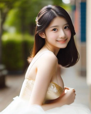 ((masterpiece, highest quality)), (alone), The tip bounces outwards,Large Breasts, Waist-length hair, Ample breasts,Cleavage,Soft thighs, Soft Skin,Slanted Eyes,,Big dark blue eyes (Very fine), outstanding features, Perfect Anatomy, Centered, Perfect distance, Very fine, Complex, 正確な and Very fine, Exquisite color, Exquisite detail, Golden ratio illustrations,The whole body is visible、smile、Beautiful legs、Clothes that fit the body,White Dress、No sleeve、clothes fluttering in the wind、Micro Mini Skirt、wedding style