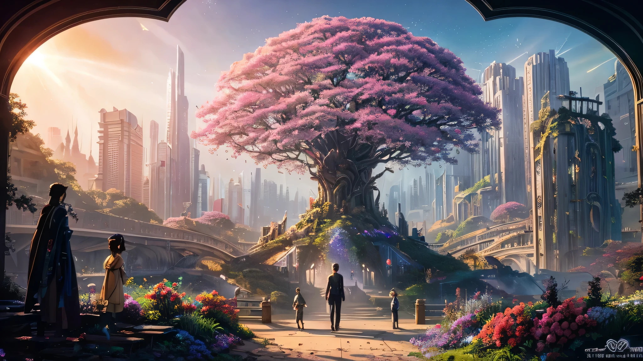 Masterpiece, robot hands a bouquet of flowers to a , mysterious, light emanates from the center, made from ruins, skyscraper, Tokyo, painting of a tree with a bridge, fantasy valley with a tree, high detailed fantasy , fantasy tree, colorful and detailed dreamscape, cosmic tree of life