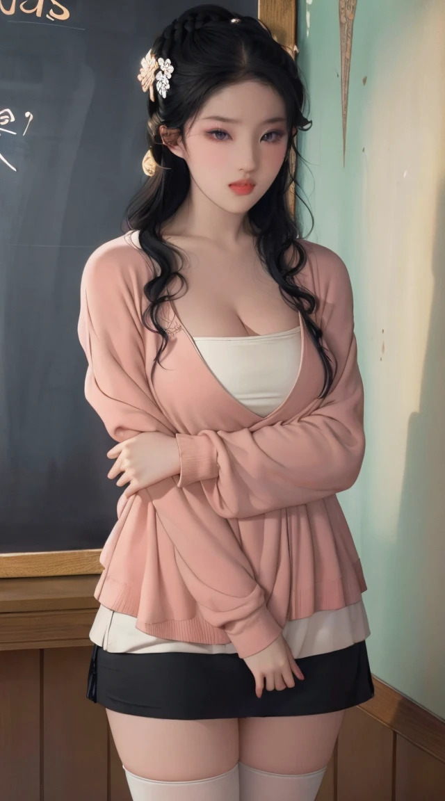 (best quality,4K,8k,high resolution,masterpiece:1.2),Super detailed,(Practical,photoPractical,photo-Practical:1.37),Nezuko Kamado,Sexy teacher,Beautiful and delicate eyes,Beautiful and delicate lips,Long eyelashes,Long black hair,Large Breasts,Showing cleavage,fit,cleveage,Revealing clothes,Short skirt,Suggestive underwear,Confident Posture,Teaching sex education,Classroom environment,blackboard,Books and papers,Students focus on,Expression of involvement and interest,Dedicated and professional teaching,Educational posters on the wall,Bright colors,Studio Lighting,soft warm tones,Warm and welcoming atmosphere