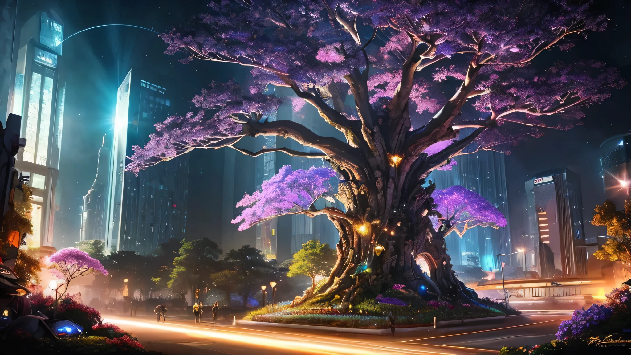 Masterpiece, robot hands a bouquet of flowers to a , mysterious, light emanates from the center, made from ruins, skyscraper, Tokyo, painting of a tree with a bridge, fantasy valley with a tree, high detailed fantasy , fantasy tree, colorful and detailed dreamscape, cosmic tree of life