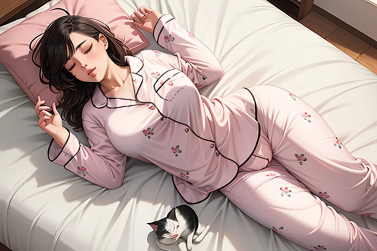 Woman sleeping in bed１people、Sleeping cat１Animals、(((woman is wearing pajamas)))、The cat is lying down、Anatomically accurate body depiction、(((A woman&#39;s body and a cat&#39;s body do not overlap))、{{masterpiece、highest quality、(((Realistic、Realistic:1.37)))、8K quality、Very delicate and beautiful、wonderful、Large file size、Very detailed、Very detailed、Cinema Lighting}}