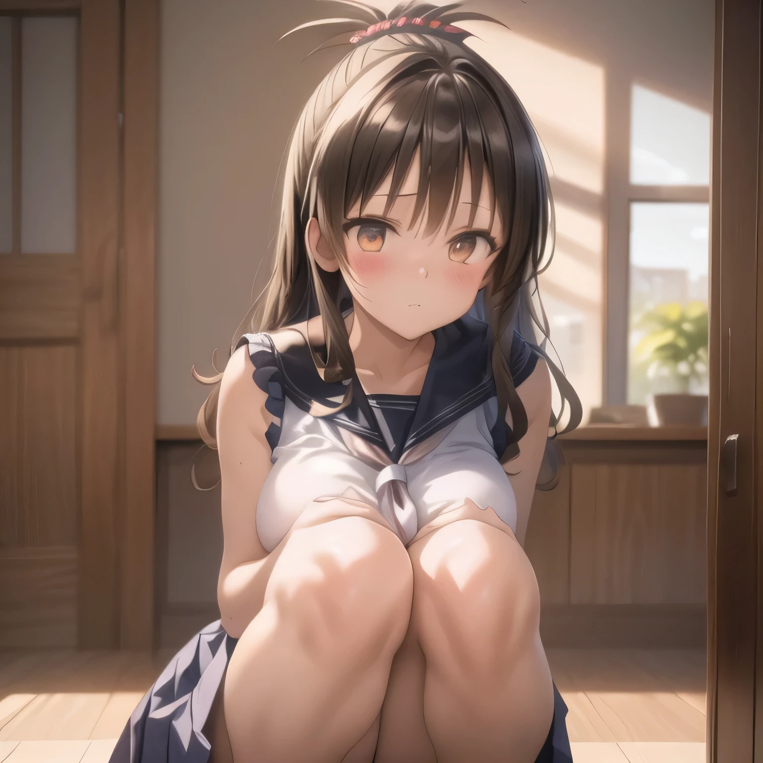 realistically, brown eyes, ponytail, glowing eyes, white short skirt, extra short skirt, Blush, daytime, Wet from the rain, see through, sleeveless shirt, nipples, pussy, crotch, embarrass, Sit with your knees raised, windy, yuki mikan, the skirt is turned up, highest quality, High resolution, highly detailed face, perfect lighting, higest detailed CG, perfect hands, perfect anatomy, armpit,