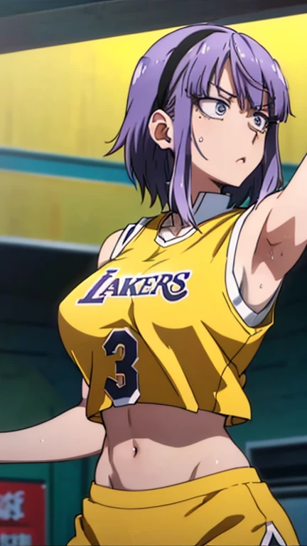 a close up of a person wearing a basketball uniform, a picture, inspired by Kentaro Miura, trending on pixiv, Asuka kazama, Tekke, wearing yellow nba jersey, yellow croptop nba jersey, wearing a low cut croptop, wearing croptop, croptop, written "Lakers" on the croptop, golden raito, (winking), shirobako, large)}], favorite scene, fine details. anime. skins, sweating, big breasts, both hands raised, armpits, armpits visible, dripping with sweat, more more sweat, sweaty armpits