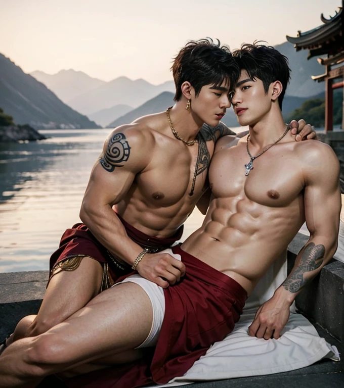 Two handsome boys fucking,have sex, smiling at each other,hugging, kissing, touching lips, cuddle, romantic,skin ship, sexy position, Chinese Men God, Mythology, realistic, Chinese odyssy, super Handsome,manly, kpop idol, handsome korean actor, 20 years old,, detailed face, manly jawline, detailed mess curly styling hair, Topless, Muscles, big breast Athlete body, Full Frame,full body shoots, Sexy, realistic, human skin, tattoo breast, Professional studio Lighting, long red tibet wedding Outfit, jade and golden pendent all over , detailed jewery in dress, earings,,look at camera , open mouth, sexy loincloth Underwear, tibetan Warrior, ancient Hanfu red long dress, tibetan Male, tibet Nobel, Seduce, Sex Appeals , naked body, tattoo chest, tattoo arms, tattoo hands, tattoo back, tattoo legs ,super big cock, long big dick masturbate,detailed dick and ball, dick in correct shape, nice bare butts, Chinese ancient buddism temple Background,out door background, super detailed background, tibetan decorate,