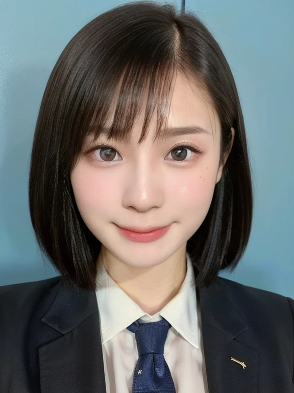 (kawaii 24 year-old Japanese girl, Nogizaka idol, Korean idol), (glossy black hair, short bob, even and symmetric hair design:1.3), (deep black eyes, rounded face, single eyelid, no makeup, big laughing:1.2), (wearing suit jacket, collared shirt, necktie:1.3), (extra small breasts:0.9), (facing straight at camera:1.2), BREAK, (simple blue background, yearbook background:1.3), (portrait, id photo, bust shot, view from straight forward:1.3), (keep enough top margin to avoid the head cropped:1.3), BREAK, (masterpiece, best quality, photo realistic, official art:1.4), (UHD, 8K quality wallpaper, high resolution, raw photo, golden ratio:1.3), (shiny skin), professional lighting, physically based rendering, award winning, (highly detailed skin, extremely detailed face and eyes), Carl Zeiss 85 mm F/1.4, depth of field, 1girl, solo,