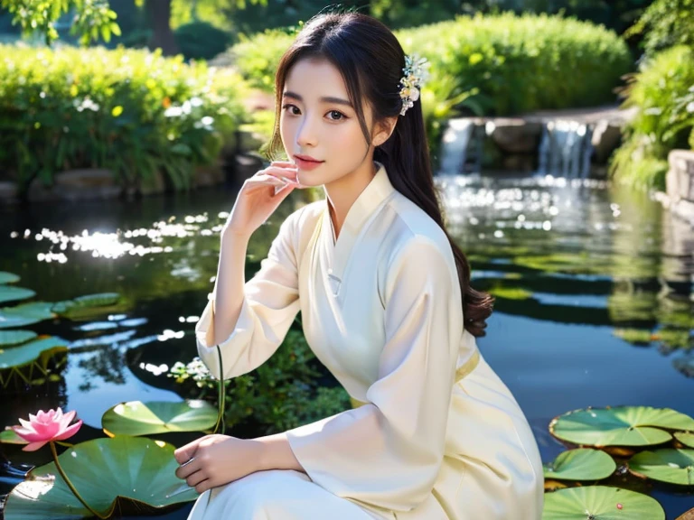 Create a stunning digital artwork depicting a serene scene of a 24-year-old Chinese woman seated gracefully on a rock by a tranquil pond, set against a backdrop of lush nature. Slim body, Envision a vibrant waterfall cascading in the background, adding a burst of color to the landscape. The woman is adorned in elegant white traditional attire reminiscent of kung fu attire, radiating beauty as she delicately holds a lotus flower in her hand. Surrounding the lake are abundant blooming flowers and verdant foliage, enhancing the picturesque setting. Capture the essence of the evening ambiance with gentle sunlight casting a warm glow, particularly highlighting the girl's striking blue eyes and accentuating details such as her luscious lips and slender figure. Ensure the composition encompasses the full image of the girl, exuding grace and tranquility reminiscent of Ayaka from Genshin Impact."