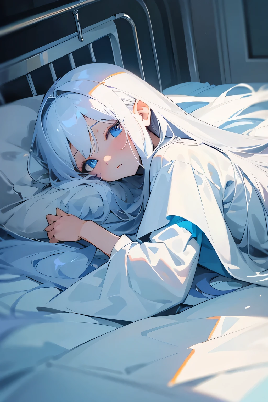 White long hair,Blue pupils,Fair skin,Very gentle,Wearing a blue-and-white hospital gown,Paled face,Lying on the bed,He was covered with a white quilt