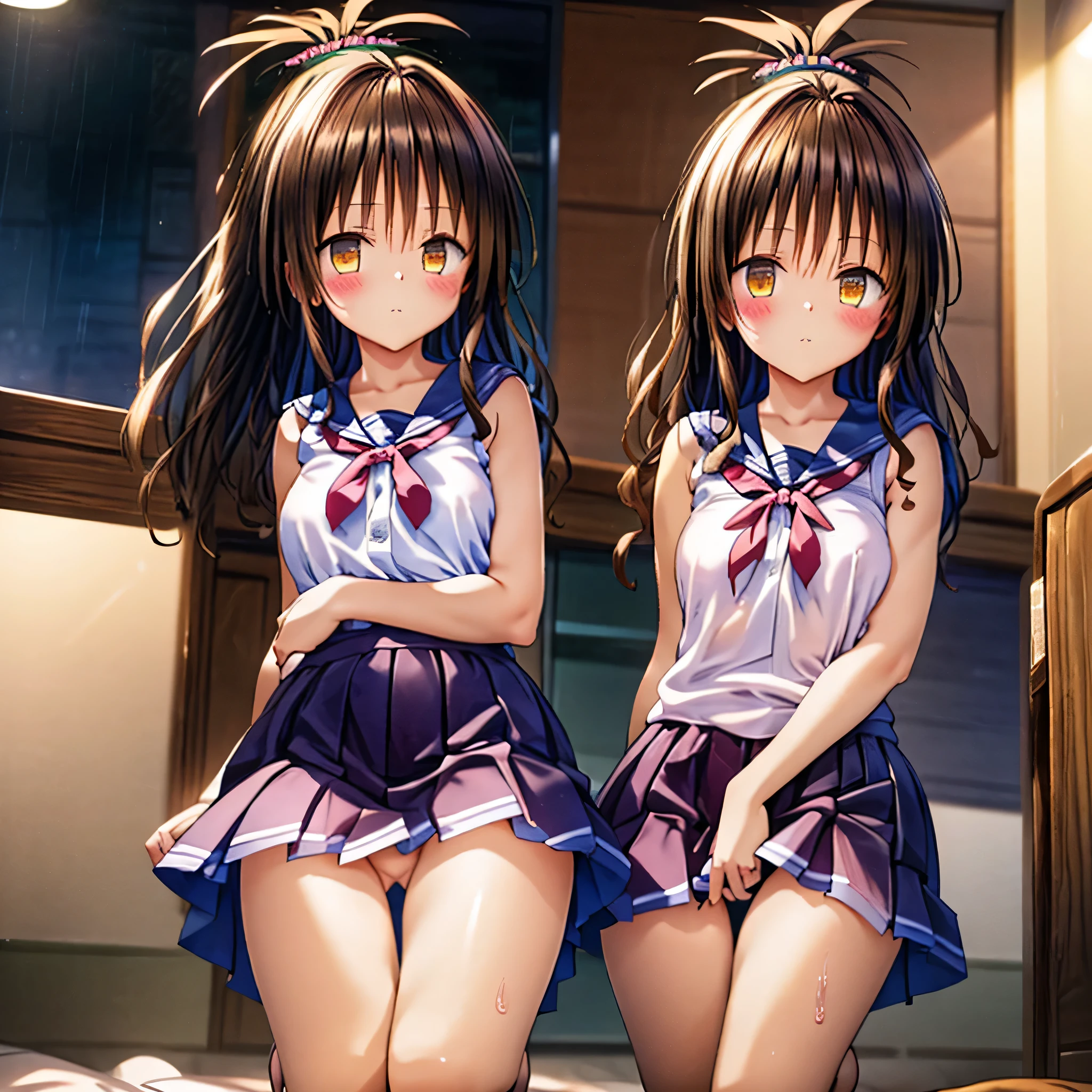 realistically, brown eyes, ponytail, glowing eyes, white short skirt, extra short skirt, Blush, daytime, Wet from the rain, see through, sleeveless shirt, nipples, pussy, crotch, embarrass, Sit on your knees., windy, yuki mikan, the skirt is turned up, highest quality, High resolution, highly detailed face, perfect lighting, higest detailed CG, perfect hands, perfect anatomy, armpit,