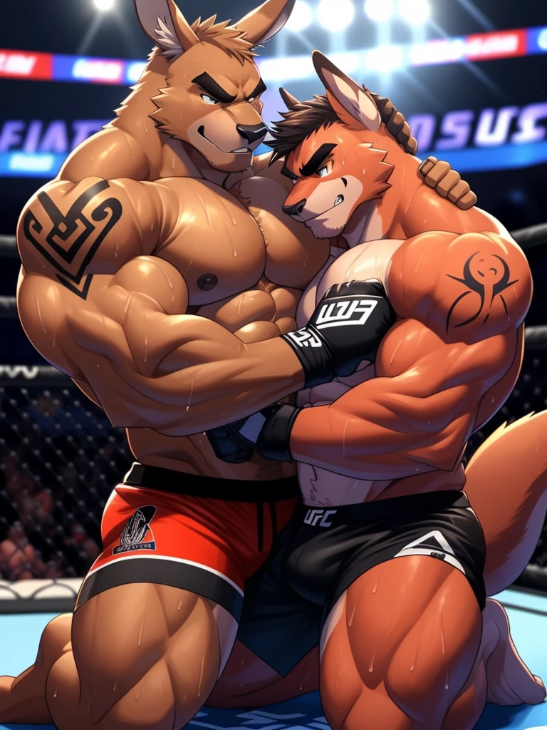 Duo big male fighters(Brown Kangaroo vs Red Kangaroo, handsomes, Thick eyebrows), beso gay(Cuddling kneeling, embraced from behind, in a UFC match), hot(Full body, shirtless), handsomes(They are handsomes, correct anatomy), musculosos(Big muscle bodies, Six packs, muscle abs, big pecs, muscle legs, muscle backs), sweaty(very sweaty wet bodies), tatuajes(they have tattoos), Angry(They have an angry expression), UFC gloves(They both are wearing black UFC gloves), boxers(They both are wearing black boxers), Hight resolution