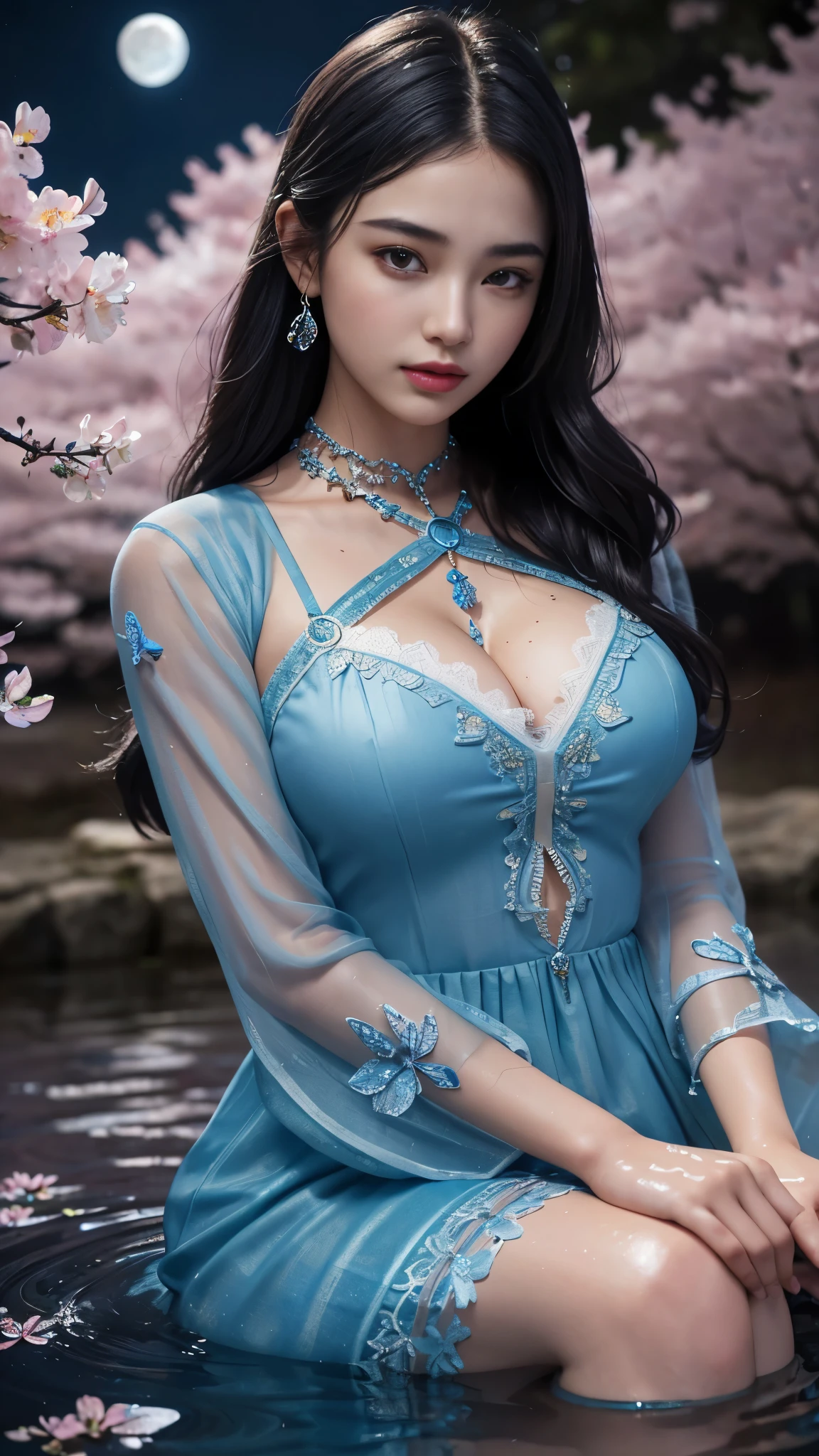 8K, ultra hd, masterpiece, 1 girl, ((18 years old girl)), good face, very long hair, detailed eyes, detailed lips, perfect breasts, detailed clothing, blue clothing, ((criss-cross lace), sardine, ornament, jewellery, antique jewellery, loops, straps, dim lighting, epic scenery, night scenery, ((huge moon light)), cherry blossom, beautiful, rain, flowers, butterfly, water reflection, RTX 4090, ray tracing, bloom effect, front body pose,