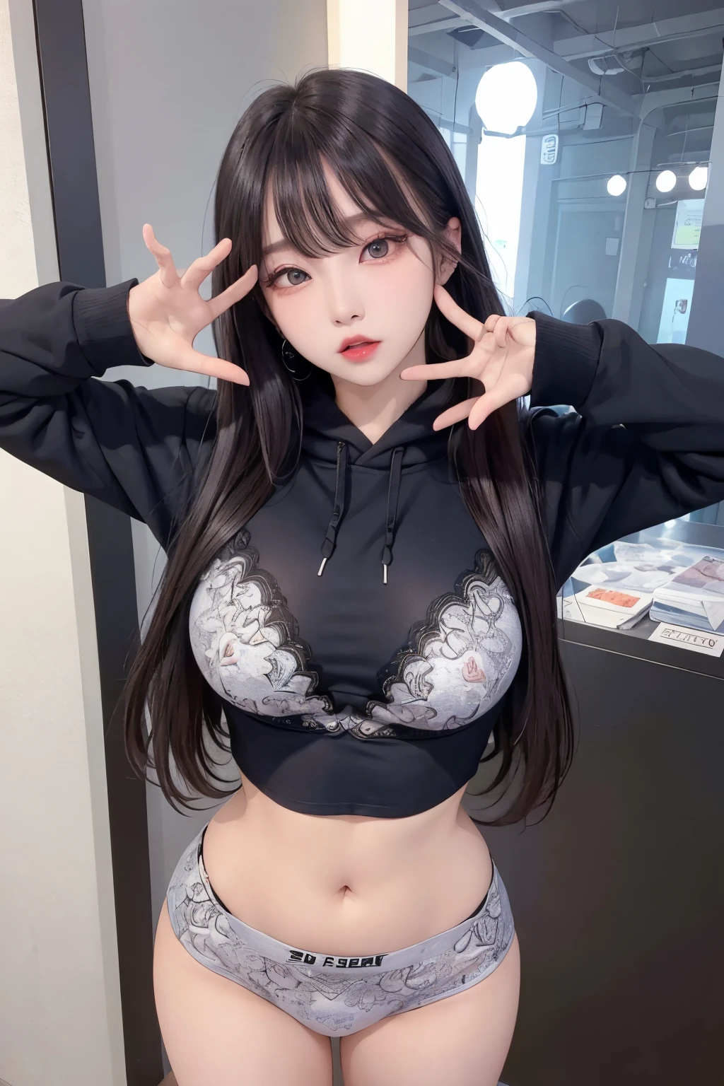 high image quality、Raw photography、20-year-old Korean、big round chest、hoodie without front closed, lace underwear、Beautiful Eyes of Details、very elongated eyes、Beautiful eyelashes、Beautiful double eyelids、eyeshadows、耳Nipple Ring, (standing pose:1.5), wearing super tight print boxers,