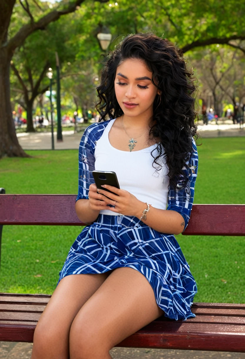 

```
input:
  prompt: Generate a high-quality, realistic image of a young Puerto Rican woman sitting on a park bench, looking down at her phone with a relaxed expression. She has:
  attributes:
    - Light skin tone
    - Long, curly black hair
    - Cheek dimples
    - Tattoos (e.g. sleeve, shoulder, arm)
    - Piercings (e.g. nose, eyebrow, lip)
    - A relaxed, natural expression
    - A subtle, warm smile
  scene:
    - She's sitting on a wooden park bench, with a natural surroundings (trees, grass, flowers)
    - Her phone is in her hand, with a slight glow on her face
    - She's looking down at her phone with a gentle, introspective gaze
  style:
    - Realistic
    - Modern
    - Trendy
  quality: high
  width: 1024
  height: 1024
  nsfw: false
```
