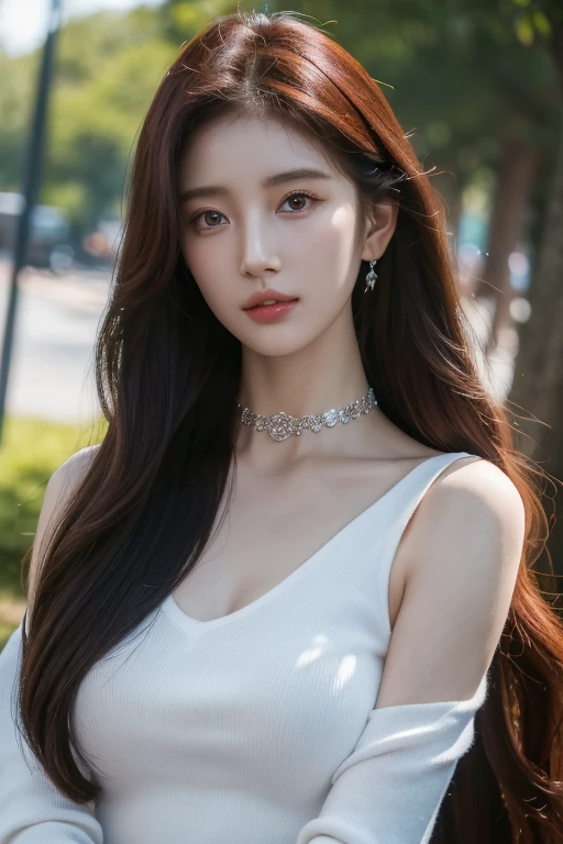 8k, Masterpiece, raw photos, best quality, realistic, Very detailed CG unity 8k wallpaper., depth of field, Cinema-grade lighting, lens flare, Ray tracing, (Very beautiful face, beautiful lips, beautiful eyes), A face with intricate details, ((Ultra-detailed skin), รูปถ่ายของสาวสวย 1 คนbest quality, Ultra high resolution, (realistically:1.4),cute hair clip,1 girl,long red hair,cropped sweater ,Beautiful woman with a slender figure:1.4, Pronounced abdomen:1.4, on the island,A particularly detailed face,Exquisite eyes,Double eyelids,choker necklace