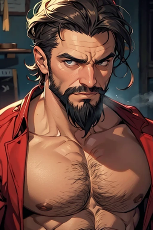 Homem 40 anos, barba grisalha, tapa olho, serious, fumante