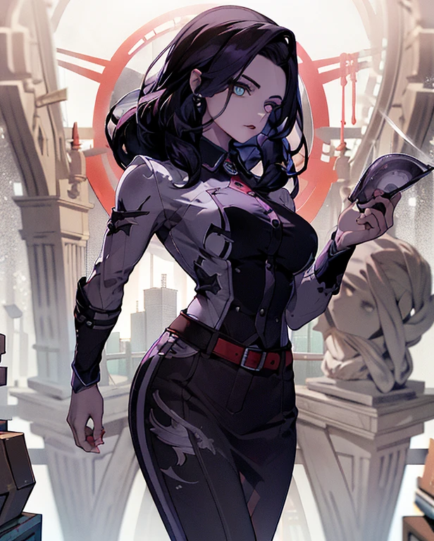 Full body view, (Luzes detalhadas, sombras detalhadas), 1 mulher, cabelo preto, Wlizaneth Taylor, casaco branco, ((olhos detalhados)), fechar-se, retrato, (Roupas pretas extremamente detalhadas, roupas lindas, cabelos, Muscular, cabelo solto, fundo extremamente detalhado, fundo bonito