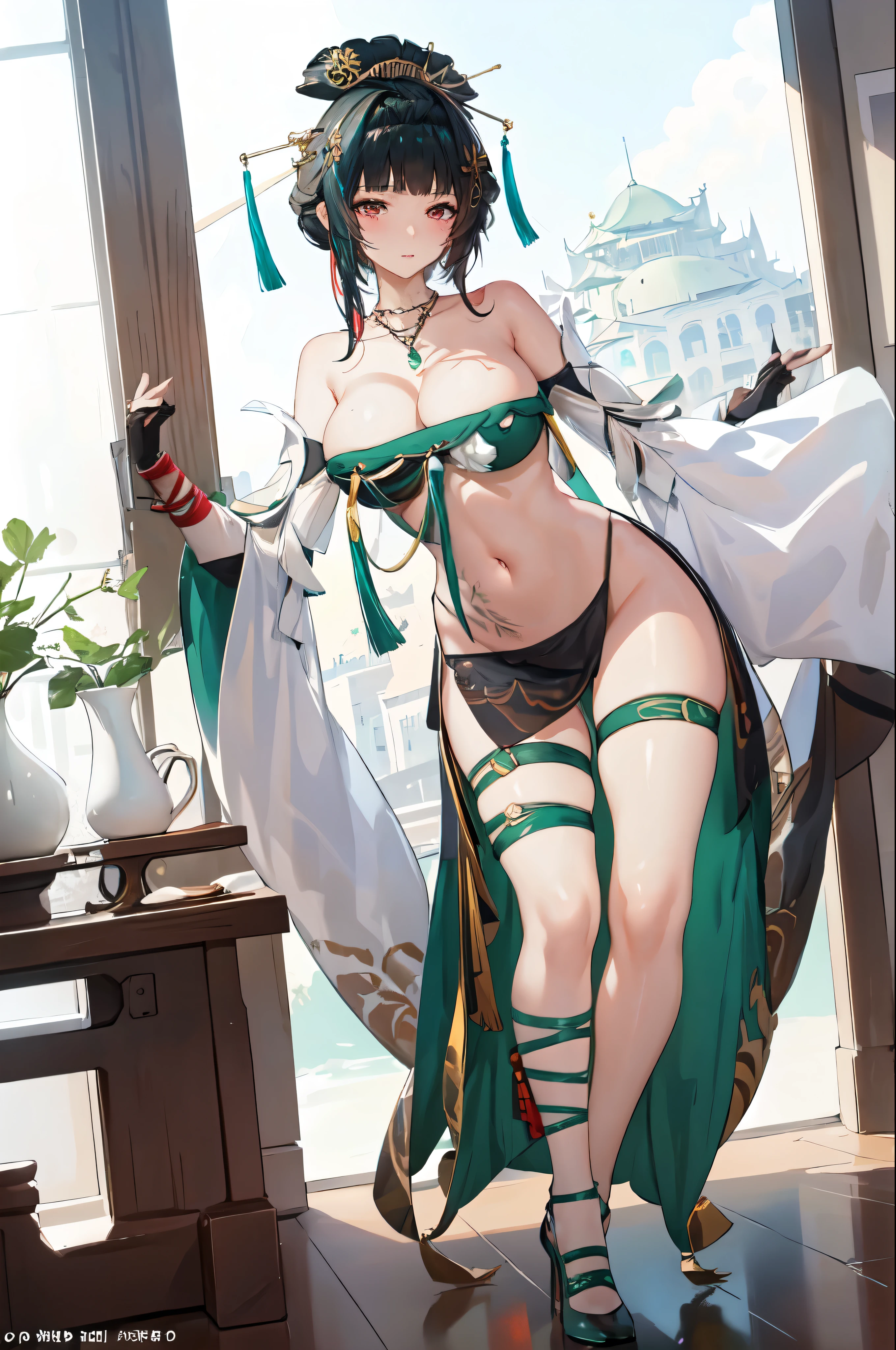 masterpiece, best quality BREAK solo, china dress, highres, 1girl, standing, (large breasts), mature female, hanying, Full body drawing, (masterpiece), (best quality), (hyperdetail), (illustration), ((extremely delicate and beautiful)), (detailed light), (prefect's body), full body drawing, dancer, Hanying, HanYing, sexy, sexy belly, sexy belly line, sexy belly button